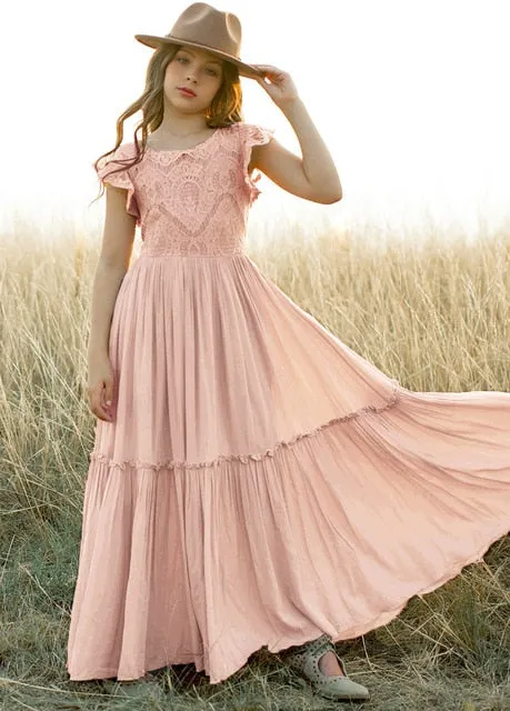 Talia - Girls Long Lace Boho Dress,  Peach