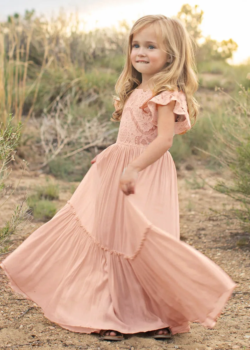 Talia - Girls Long Lace Boho Dress,  Peach