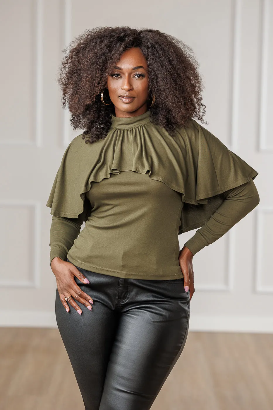 Olive Tara Top with Ruffled Overlay