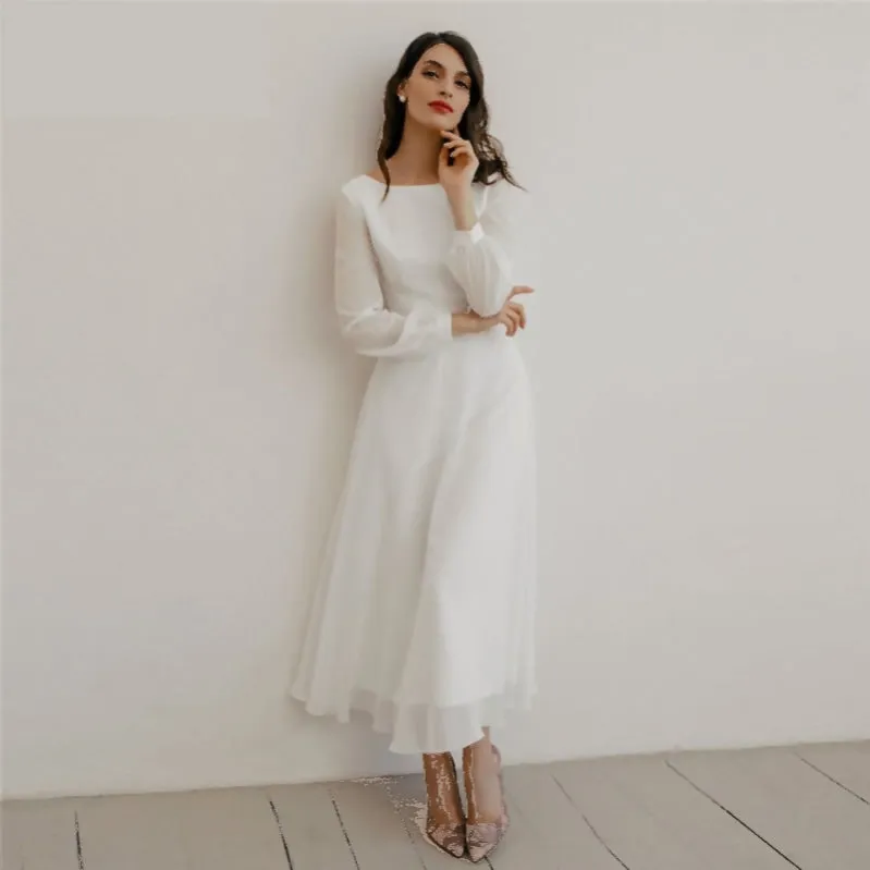 Tea-Length A-Line Long Sleeve Chiffon Beach Bridal Reception Wedding Dress