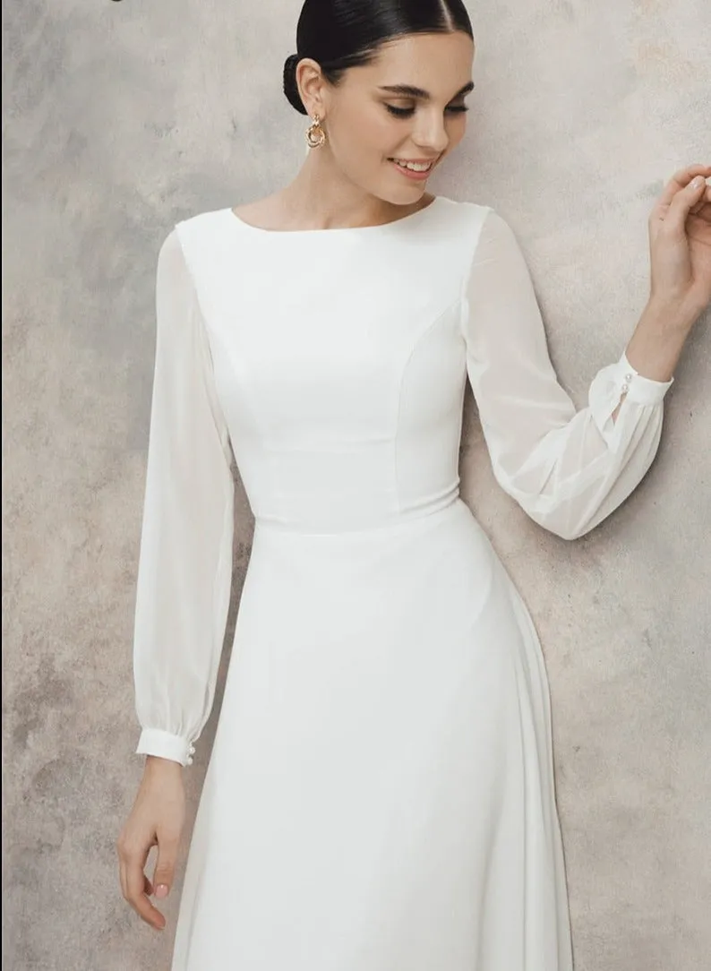 Tea-Length A-Line Long Sleeve Chiffon Beach Bridal Reception Wedding Dress