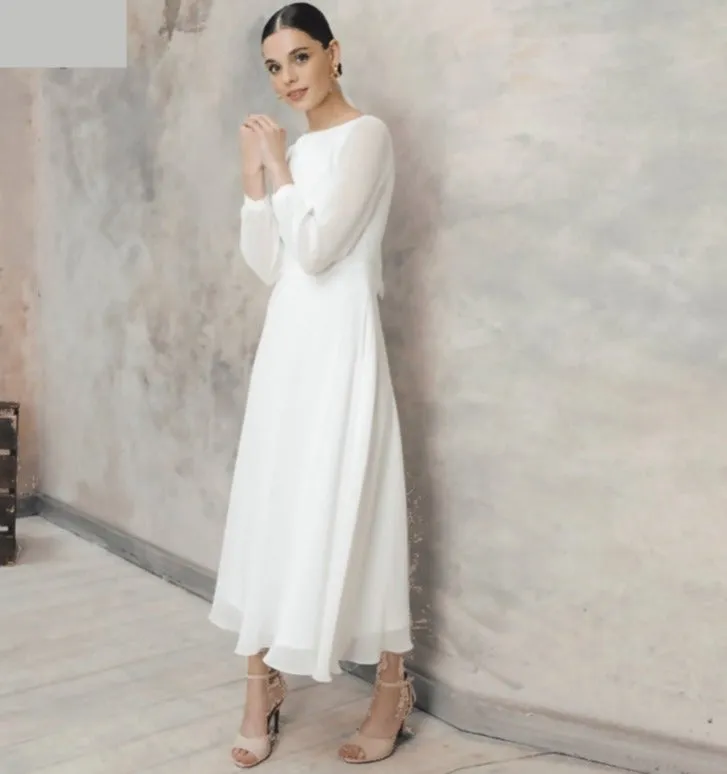 Tea-Length A-Line Long Sleeve Chiffon Beach Bridal Reception Wedding Dress