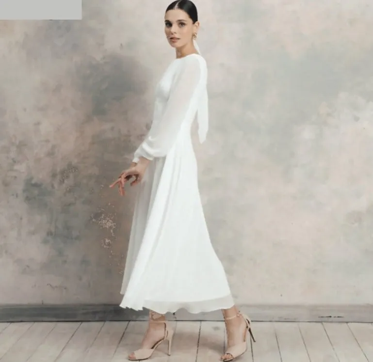 Tea-Length A-Line Long Sleeve Chiffon Beach Bridal Reception Wedding Dress