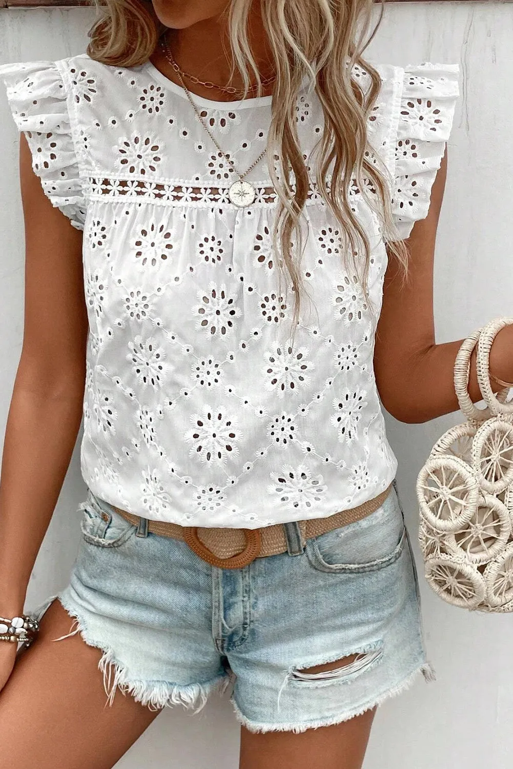 TEEK - White Eyelet Round Neck Cap Sleeve Blouse