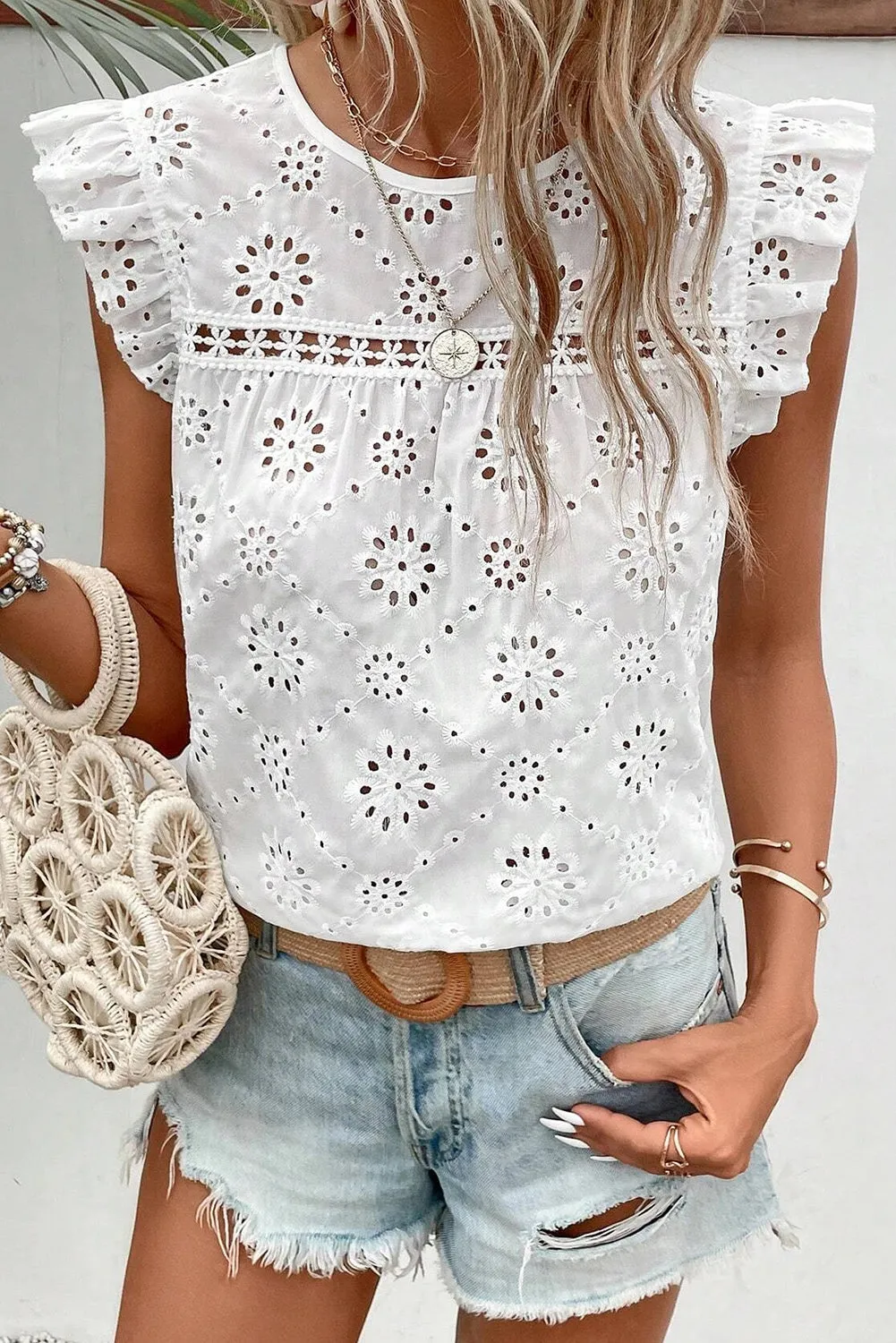 TEEK - White Eyelet Round Neck Cap Sleeve Blouse