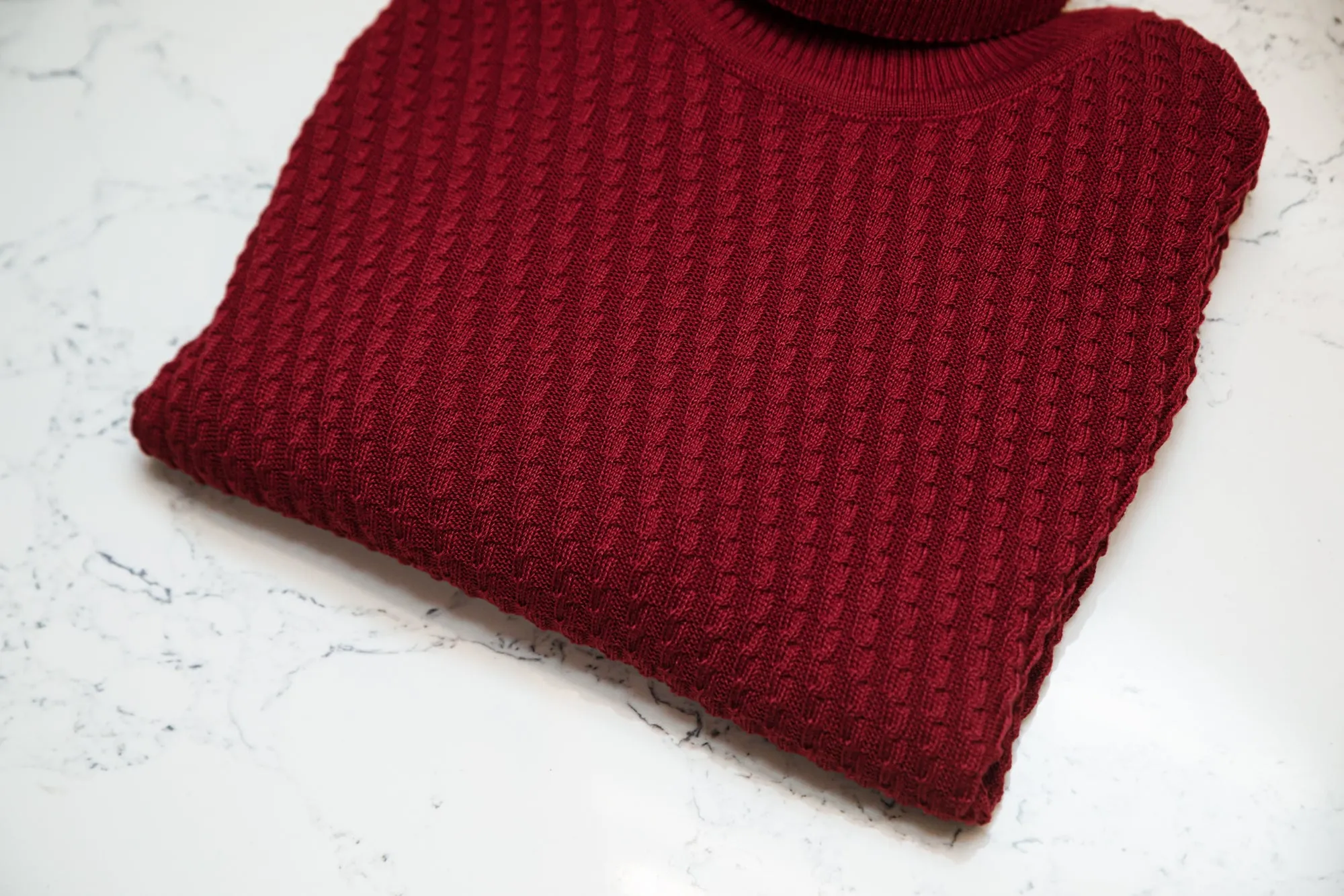 Textured Knit Turtleneck Sweater -  Red