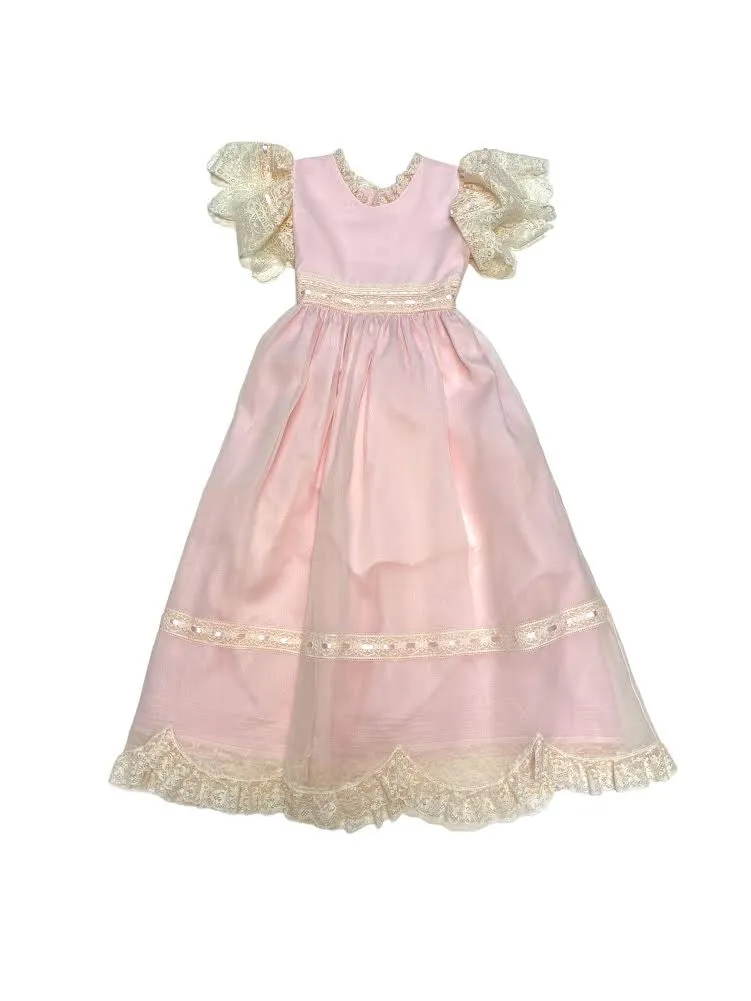 Treasured Memories Pink Dress W/Ecru lace & Pink Ribbon Lace & Ribbon Waist Tie Scallop Lace Hem & Lace Sleeves 5509 5011