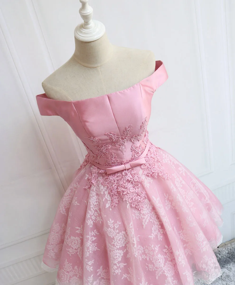 Tulle Of Shoulder Lace Short Pink Prom Dress Lace Homecoming Dress