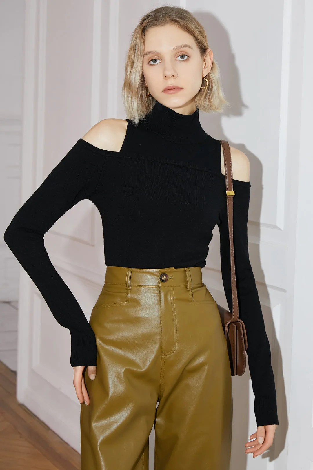 Turtleneck off-the-shoulder top | Two-piece knitted top | Street style sweater two-piece suit