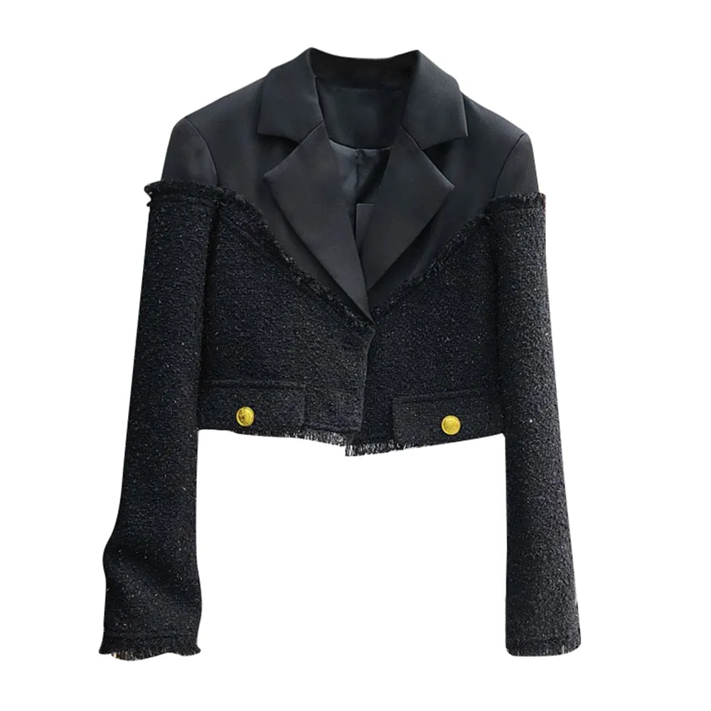 Tweed Patchwork Jacket For Women Lapel Long Sleeve Ruched Solid Single Breasted Autumn Jackets Female Fashion Style