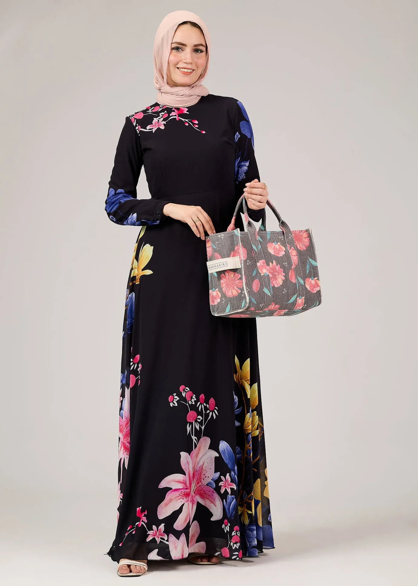 Ulfah Floral Elegance Chiffon Maxi Dress with Polymix Lining