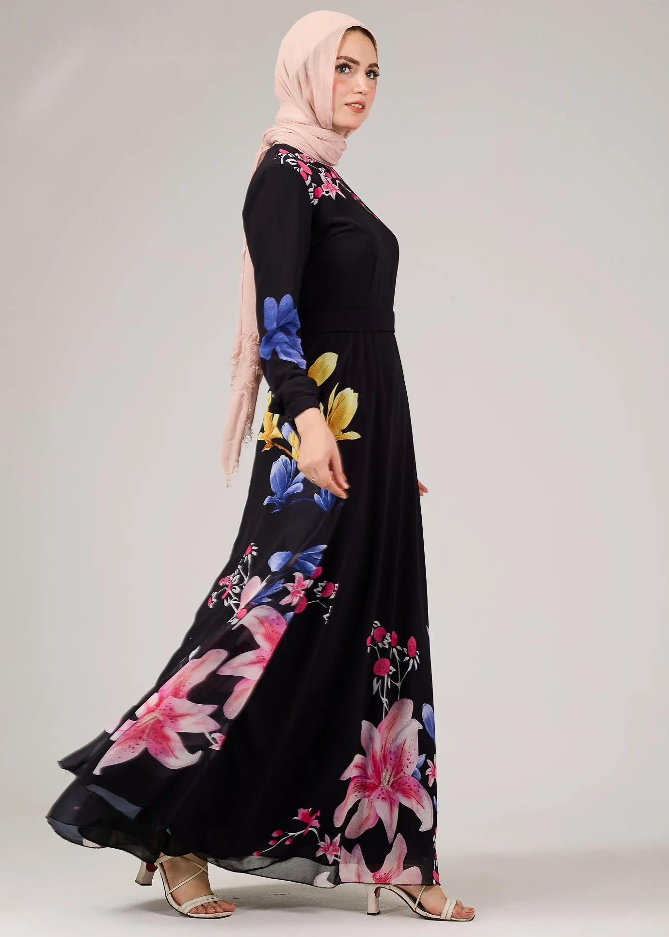 Ulfah Floral Elegance Chiffon Maxi Dress with Polymix Lining