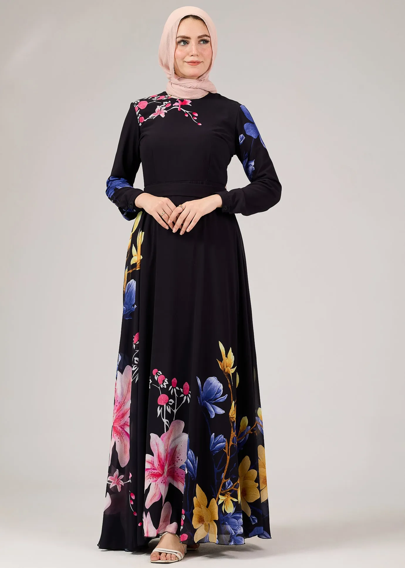 Ulfah Floral Elegance Chiffon Maxi Dress with Polymix Lining