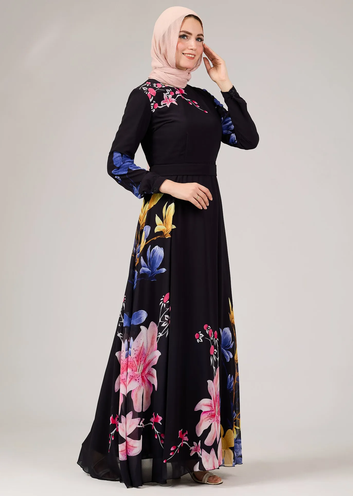 Ulfah Floral Elegance Chiffon Maxi Dress with Polymix Lining