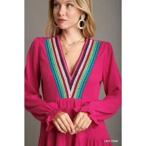 Umgee Embroidered V Neck Tunic Dress