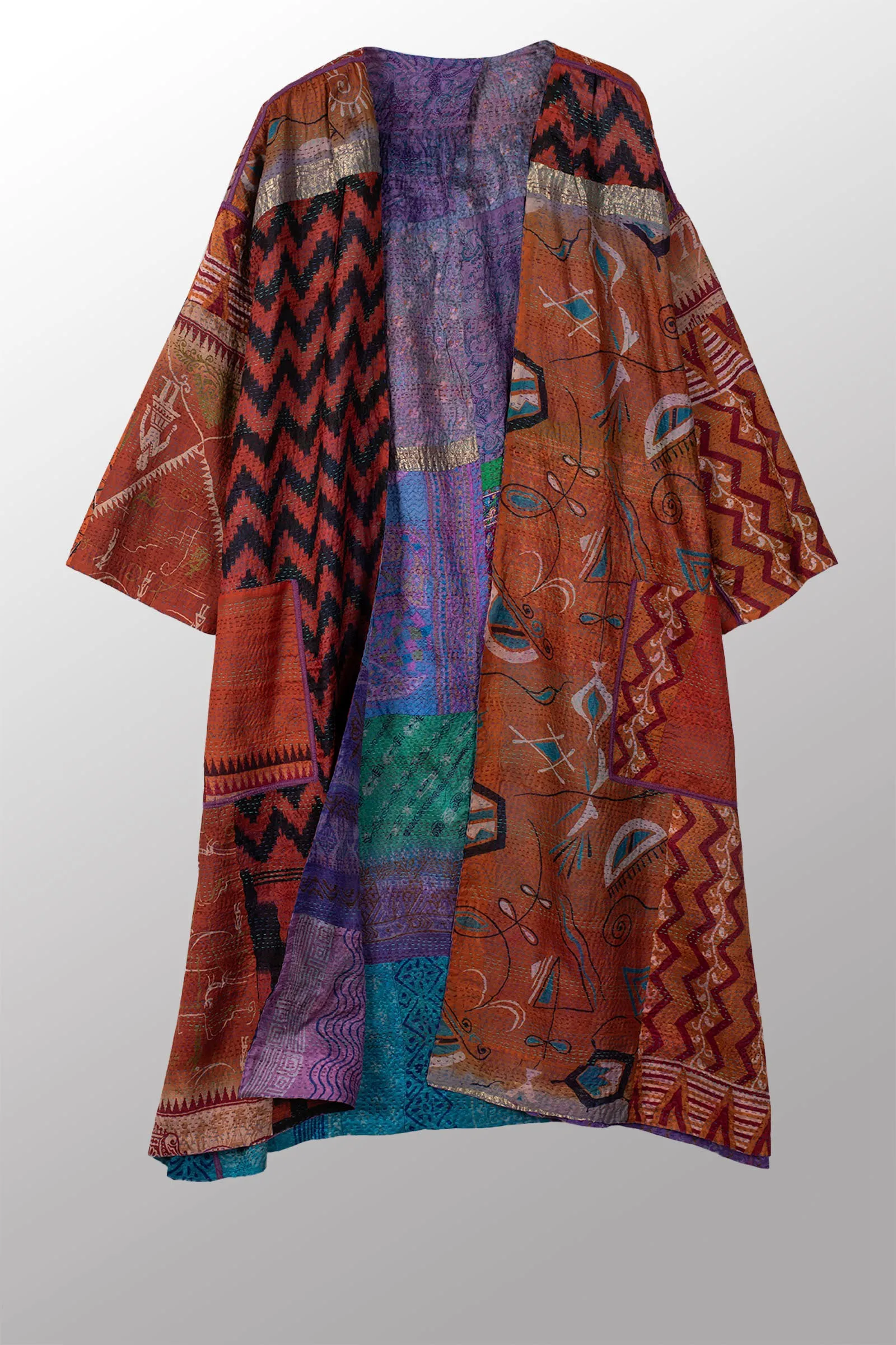 VINTAGE SILK KANTHA LONG DUSTER - sv2328-0003a -