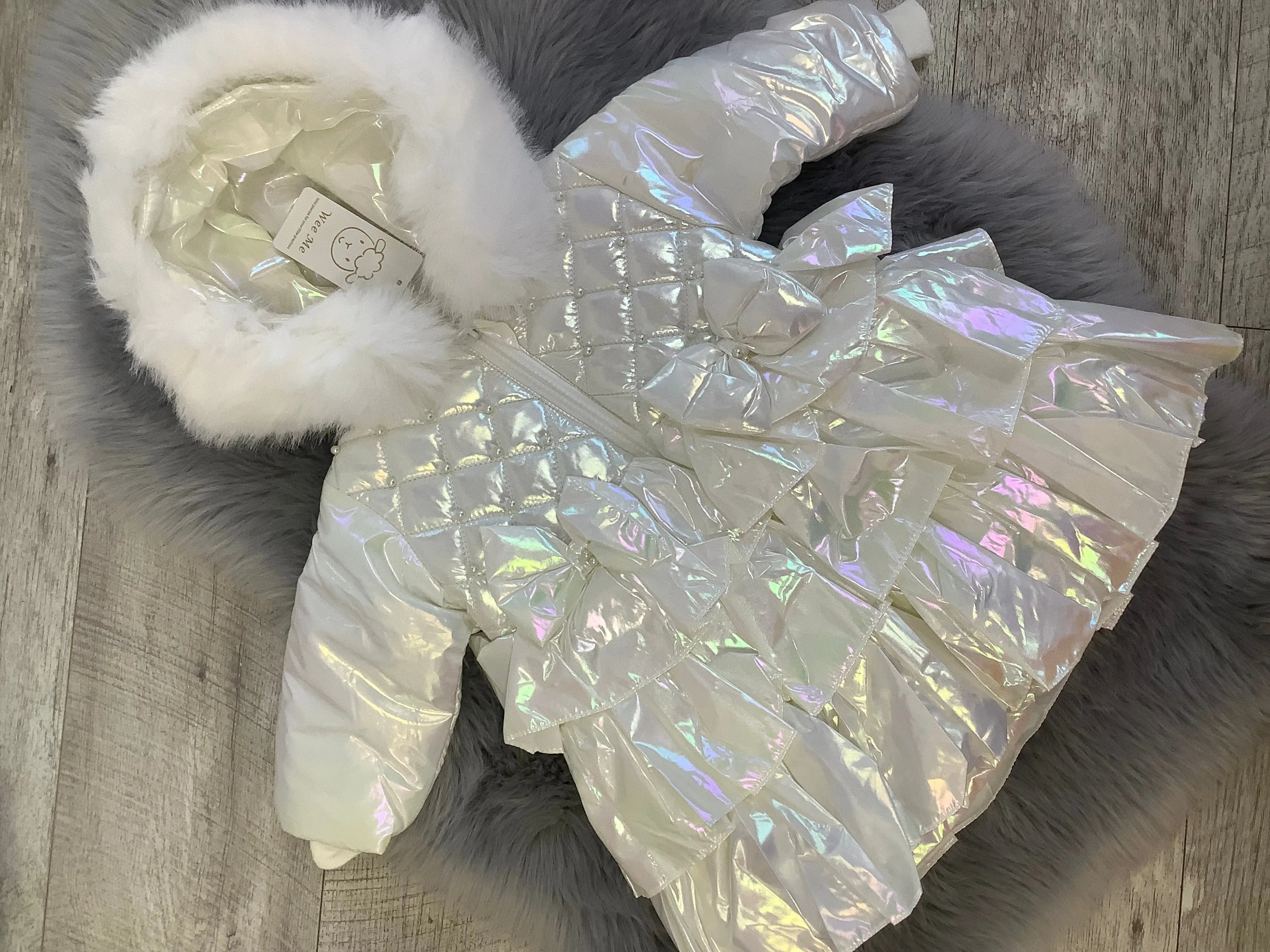 Wee Me White Iridescent Frilled Puffy coat MYD406W XMAS