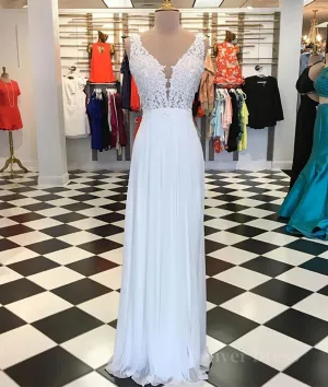 White A-line chiffon lace long prom dress white bridesmaid dress