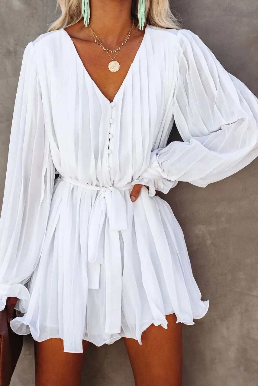 White Buttons Pleated Chiffon Dress