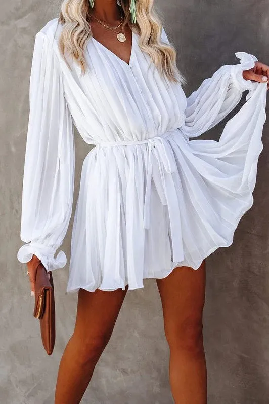 White Buttons Pleated Chiffon Dress