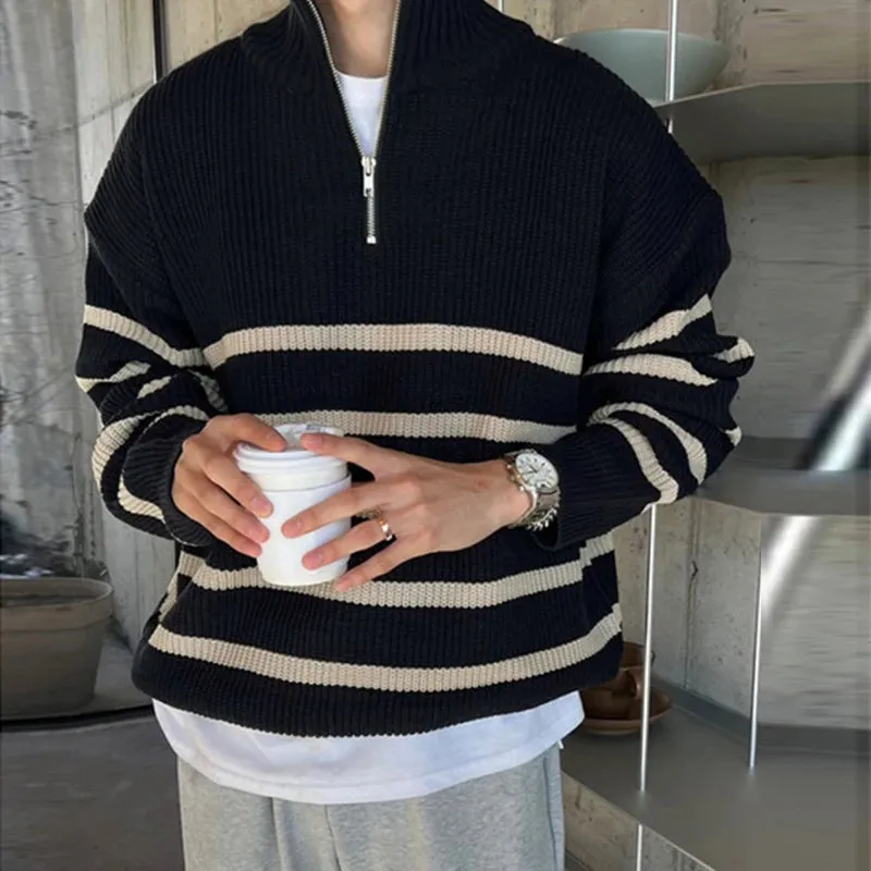 Wiaofellas  -  Autumn Clothing Men's Luxury Knitted Pullover Sweater Korean Turtleneck Zipper Long Sleeve Loose Stylish Knitwear New