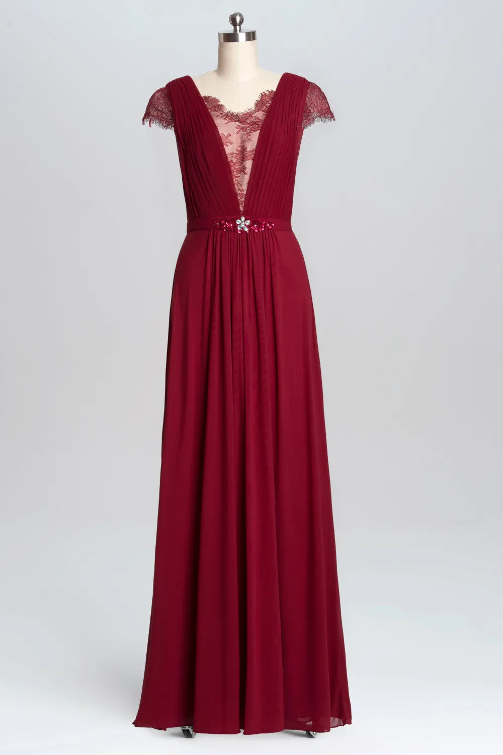 Wine Red A-line Chiffon Long Bridesmaid Dress with Cap Sleeves