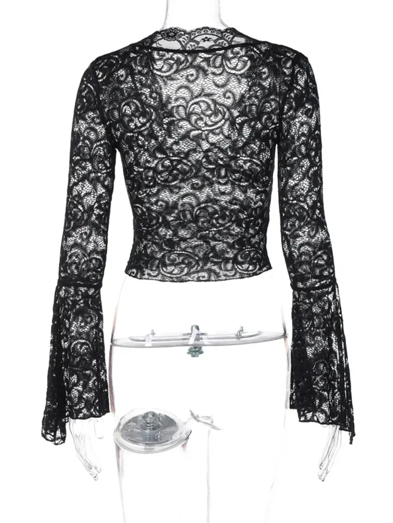 Women Gothic V neck Lace Tied Basic Top