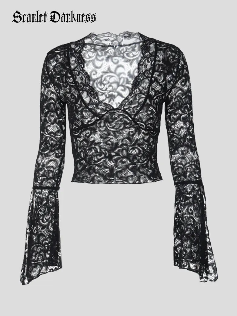 Women Gothic V neck Lace Tied Basic Top