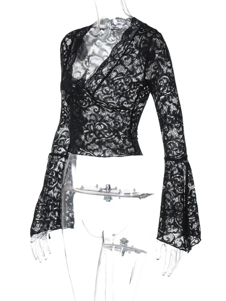 Women Gothic V neck Lace Tied Basic Top