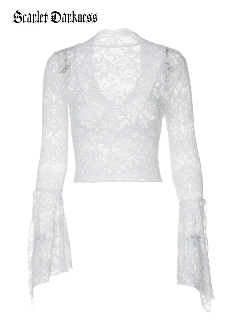 Women Gothic V neck Lace Tied Basic Top