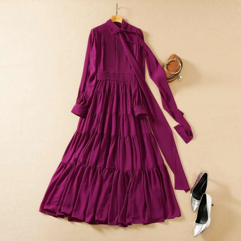 Women's Long Sleeve Chiffon Dress with a bow Bow Collar