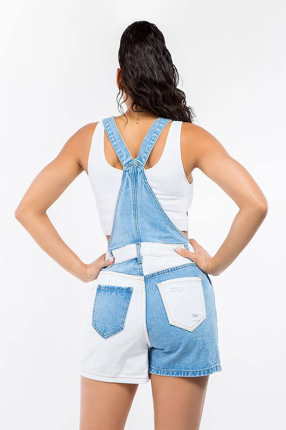 Women's Patchwork Color Block Denim Short Overalls