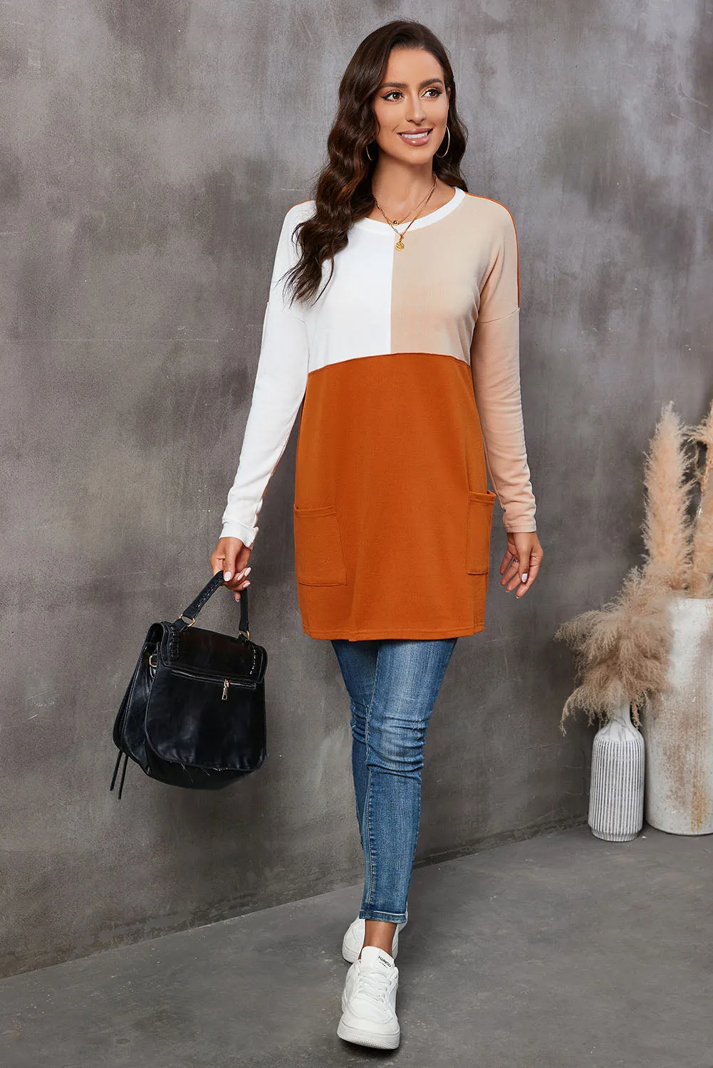 Women's Patchwork Pocketed Color Block Long Sleeve Top