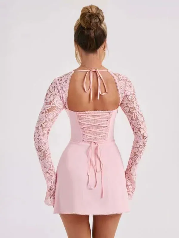 Women's Sexy Lace Slim Fit Backless French Long Sleeve Dress